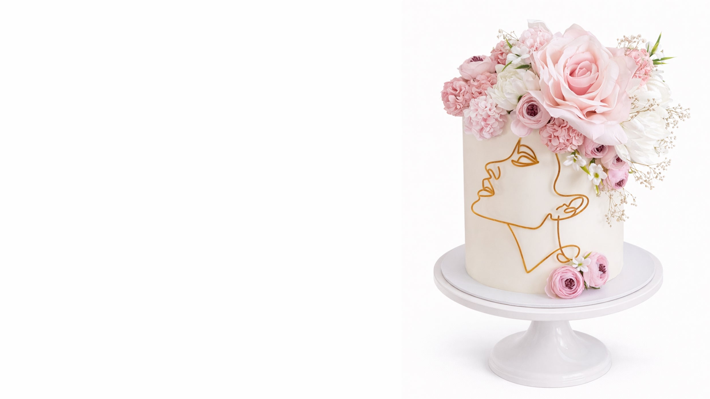 Custom floral birthday cake with pink roses and modern face design on white cake stand in Johannesburg