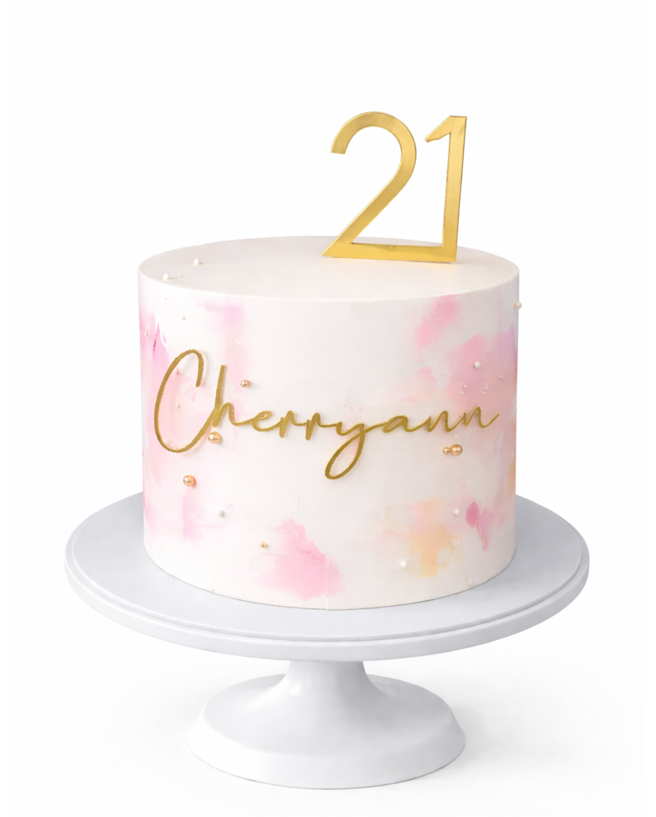 Minimalist blush pink cake with brushstroke design and subtle gold accents finished in white chocolate ganache on white cake stand