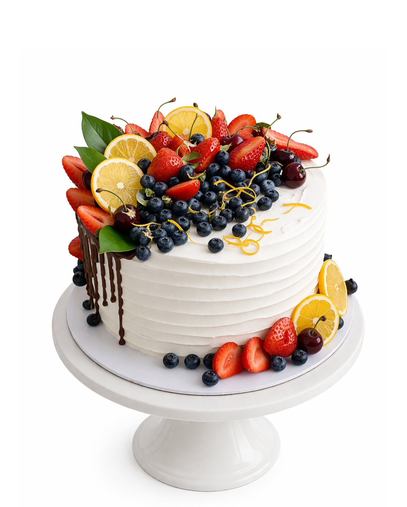 Fresh fruit cake with chocolate drip, berries and smooth white chocolate ganache finish on white cake stand