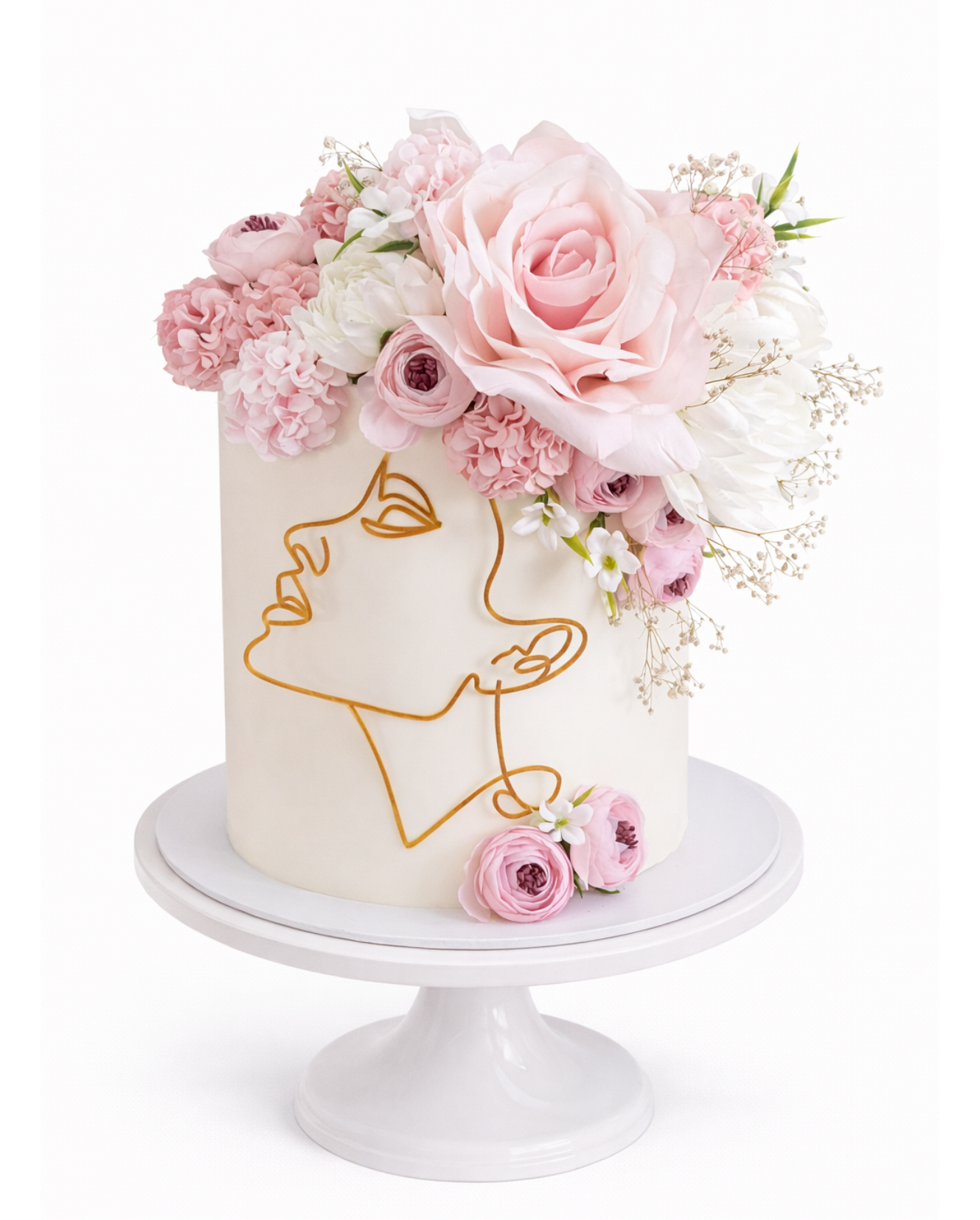 Elegant floral cake with gold line art design and smooth white chocolate ganache finish on white cake stand