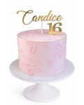 Elegant pink cake with petal detailing, pearl accents and gold edge finished in white chocolate ganache on white cake stand