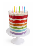 Rainbow layered cake with colourful sponge, sprinkles and modern clear wrap presentation finished with white chocolate ganache details on white cake stand