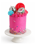 Bright pink roller disco themed cake with sprinkles, sweets, disco balls and roller skate topper finished in white chocolate ganache on white cake stand