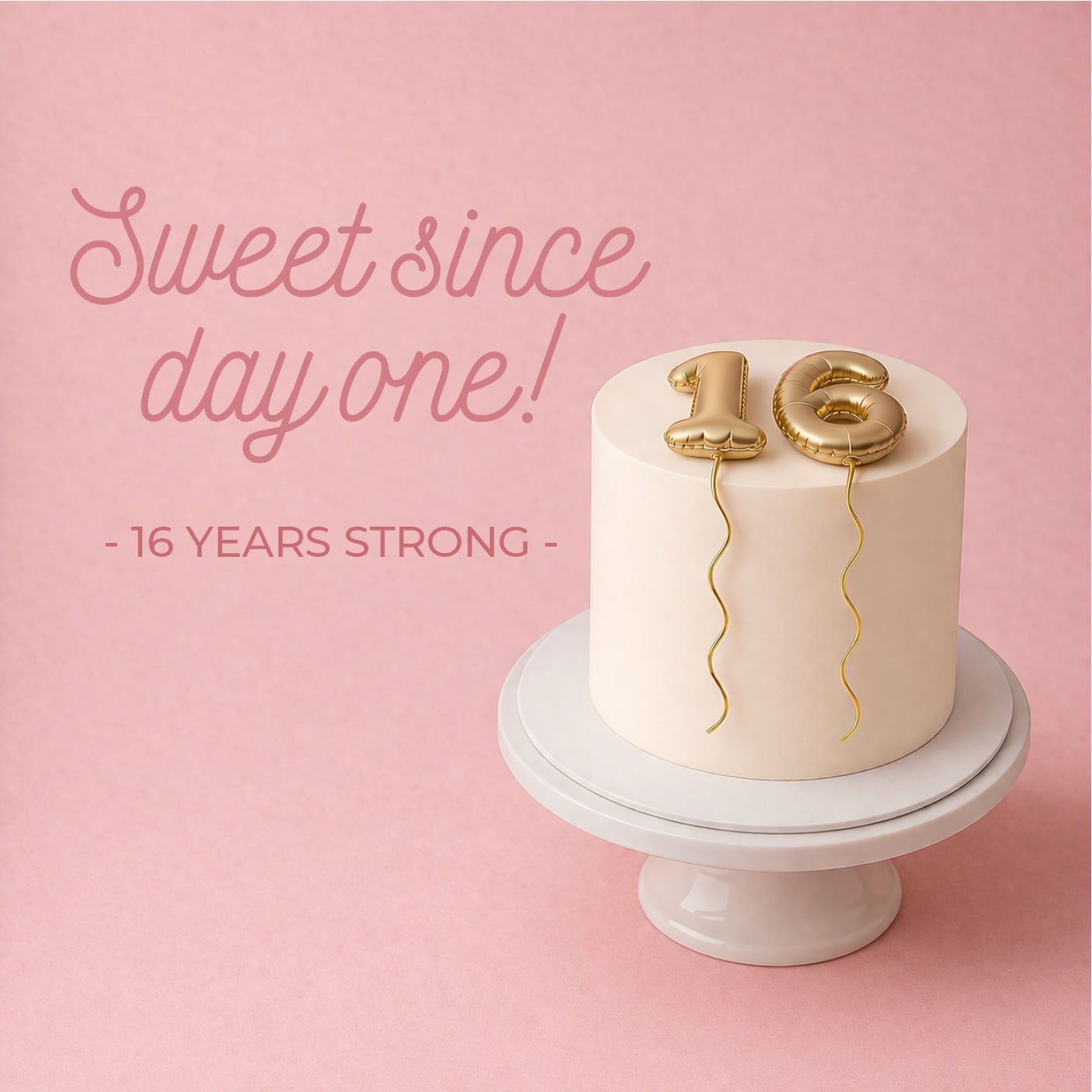 A sweet 16 cake with balloon style toppers in gold