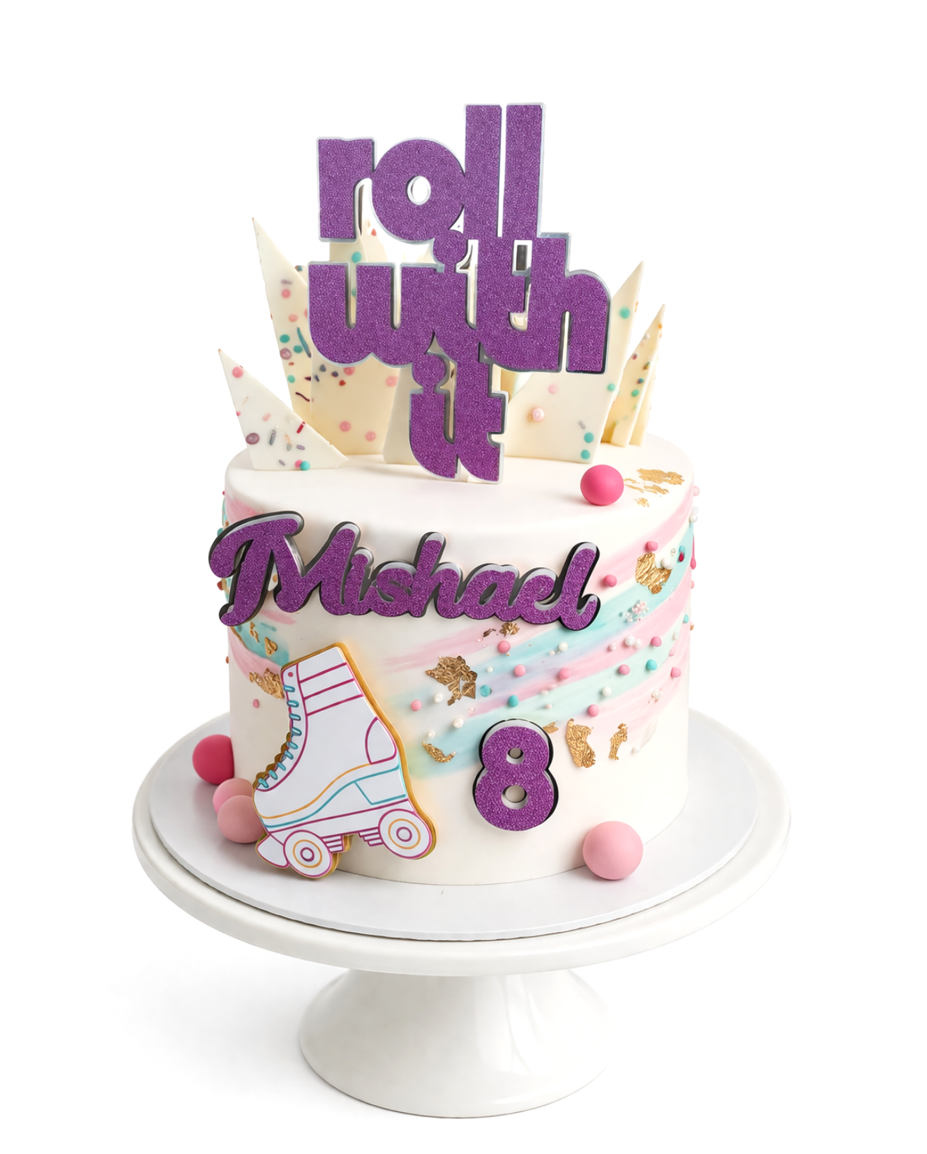 Roller skate themed birthday cake with pastel colours, vibrant decorations and smooth white chocolate ganache finish on white cake stand